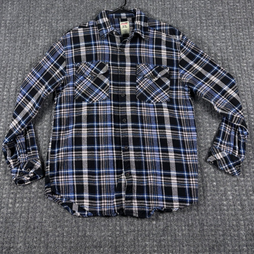 Genuine Dickies Heavy Flannel Shirt Mens Medium Blue Black Plaid Long Sleeve